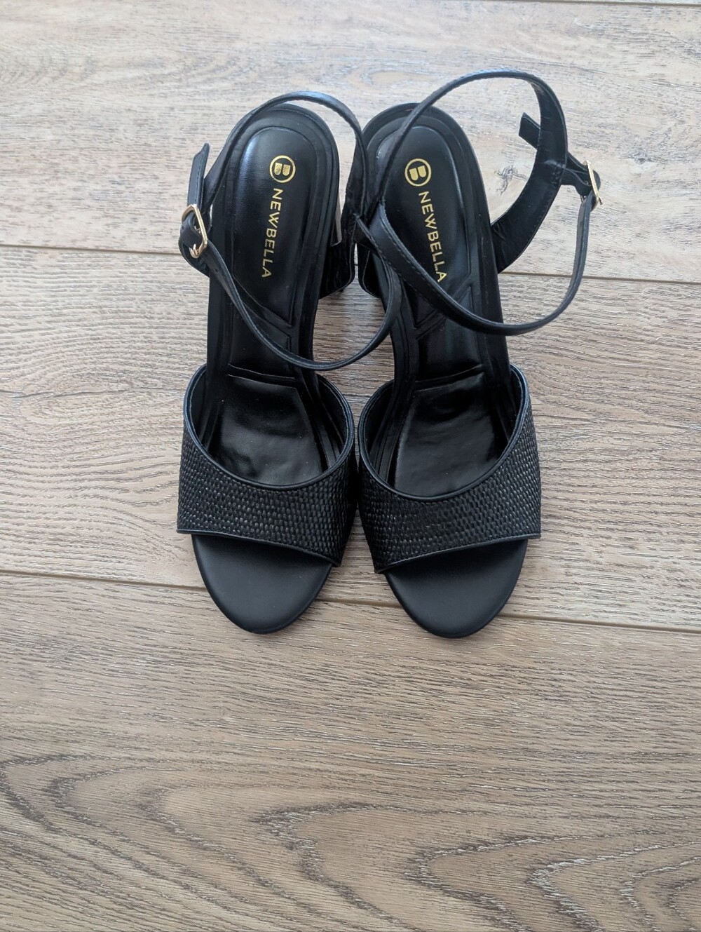 Newbella Black Textured Block Heel Sandals with Ankle Strap